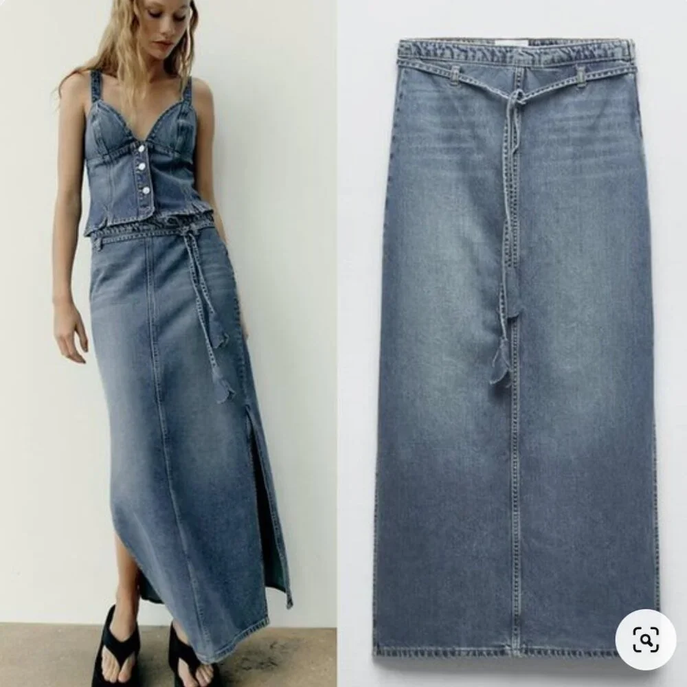 Zara DENIM SKIRT TRF BLUE 0/8197/045-maxi-medium wash-size S-NWT - Picture 1 of 3